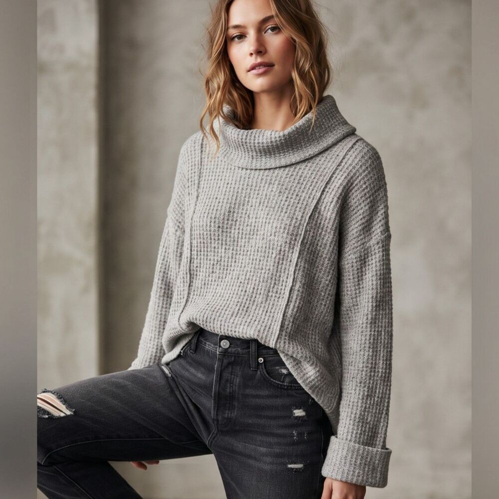 Free People Sidewinder Wool Waffle Knit Sweater M Grunge Boho Cowl Neck Gray